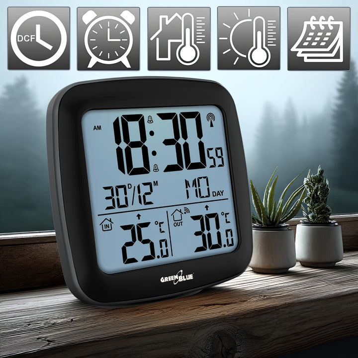Bezdrôtová meteostanica GreenBlue, s DCF, kalendárom, budíkom, GB542 + 4x alkalická batéria Varta Industrial AAA