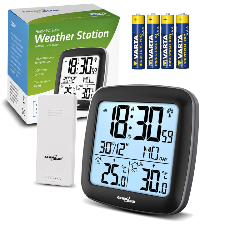 Bezdrôtová meteostanica GreenBlue, s DCF, kalendárom, budíkom, GB542 + 4x alkalická batéria Varta Industrial AAA