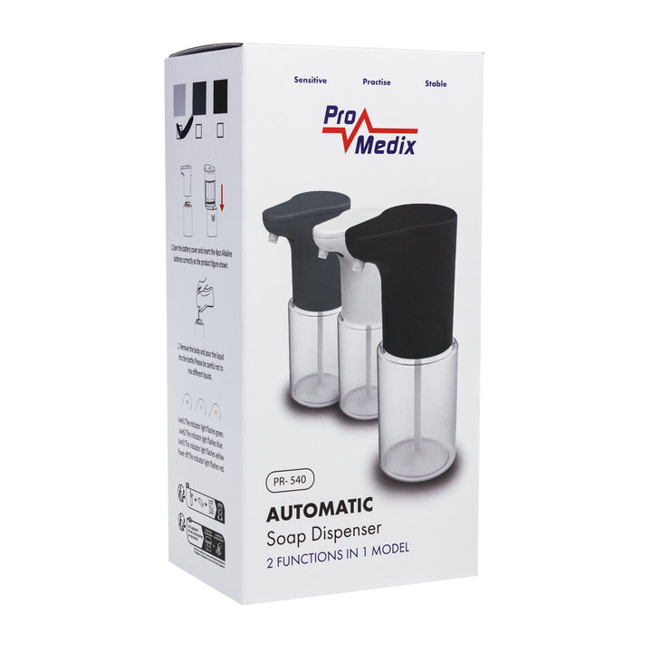 Promedix automatický dávkovač, dávkovacia nádoba na tekuté mydlá, dezinfekčné kvapaliny, 300 ml, biely, PR-540 W + 4 batérie Varta Industrial AA
