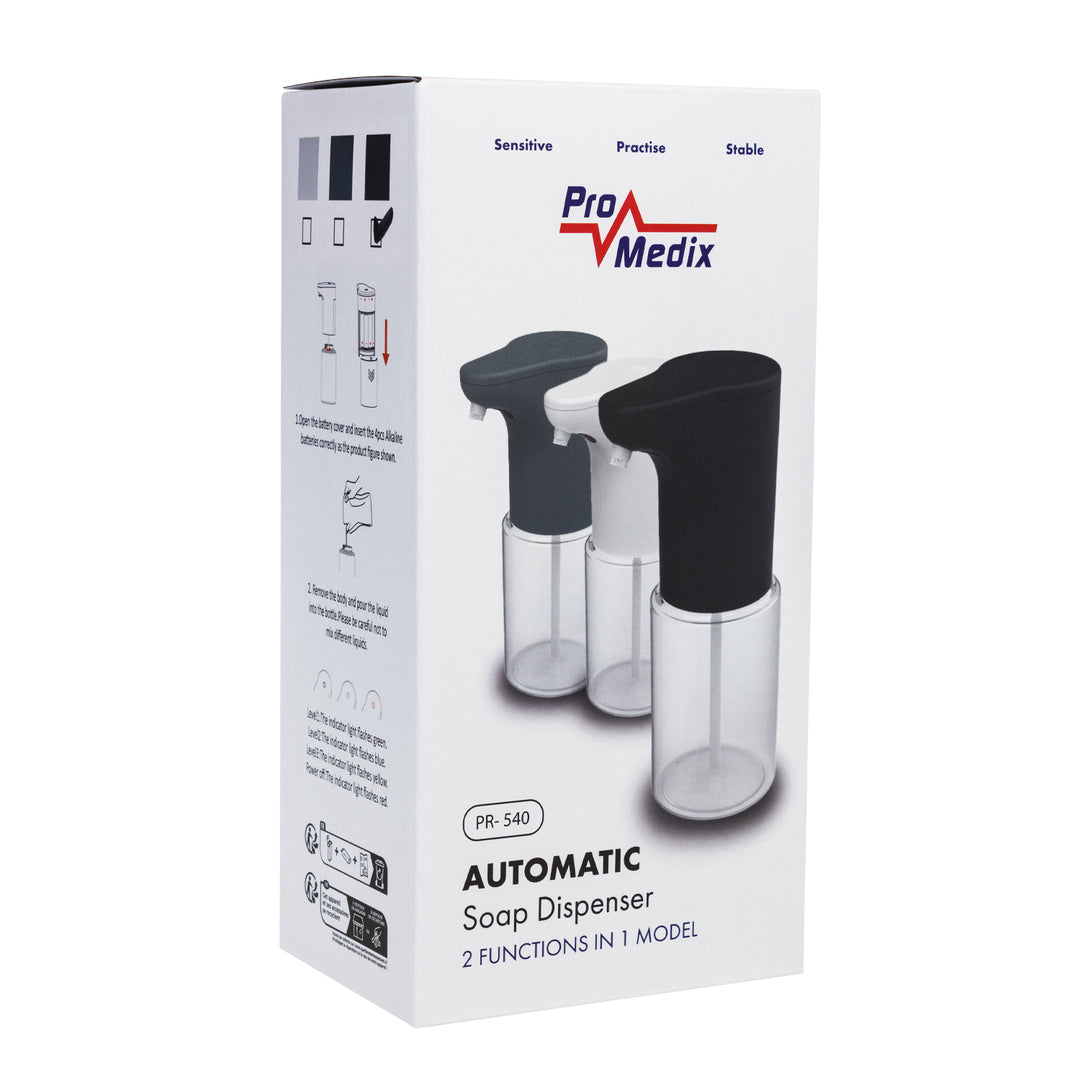 Promedix automatický dávkovač, dávkovacia nádoba na tekuté mydlá, dezinfekčné kvapaliny, 300 ml, čierna, PR-540 B + 4 batérie AA Varta Industrial
