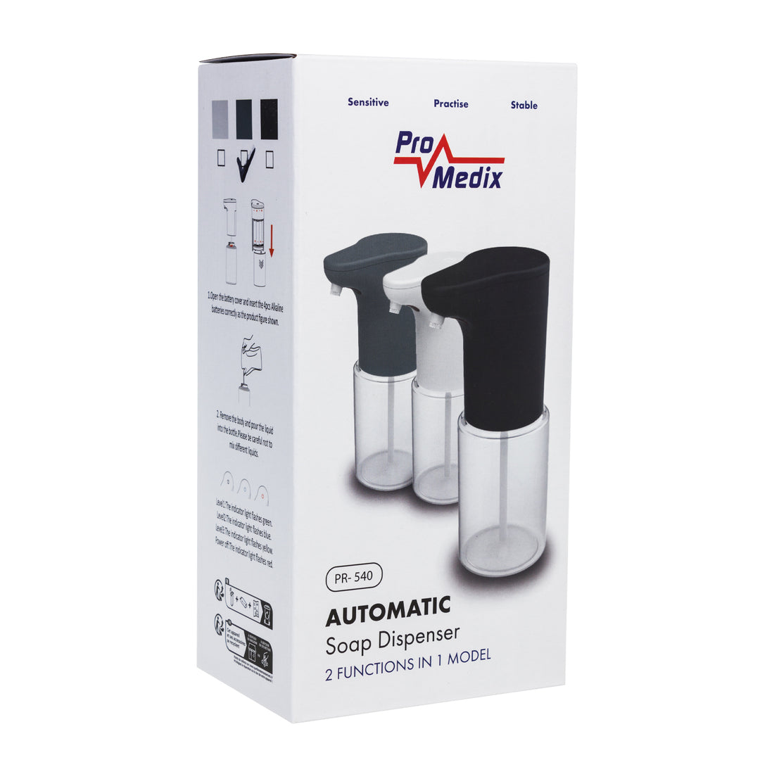 Promedix automatický dávkovač, dávkovacia nádoba na tekuté mydlá, dezinfekčné kvapaliny, 300 ml, sivá, PR-540 GR + 4 batérie Varta Industrial AA
