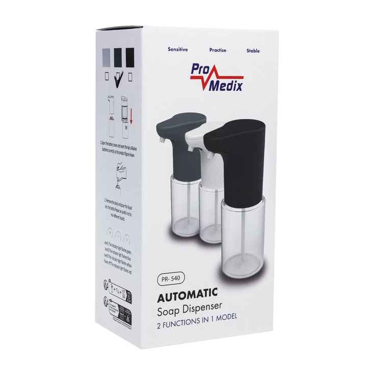 Promedix automatický dávkovač, dávkovacia nádoba na tekuté mydlá, dezinfekčné kvapaliny, 300 ml, sivá, PR-540 GR + 4 batérie Varta Industrial AA