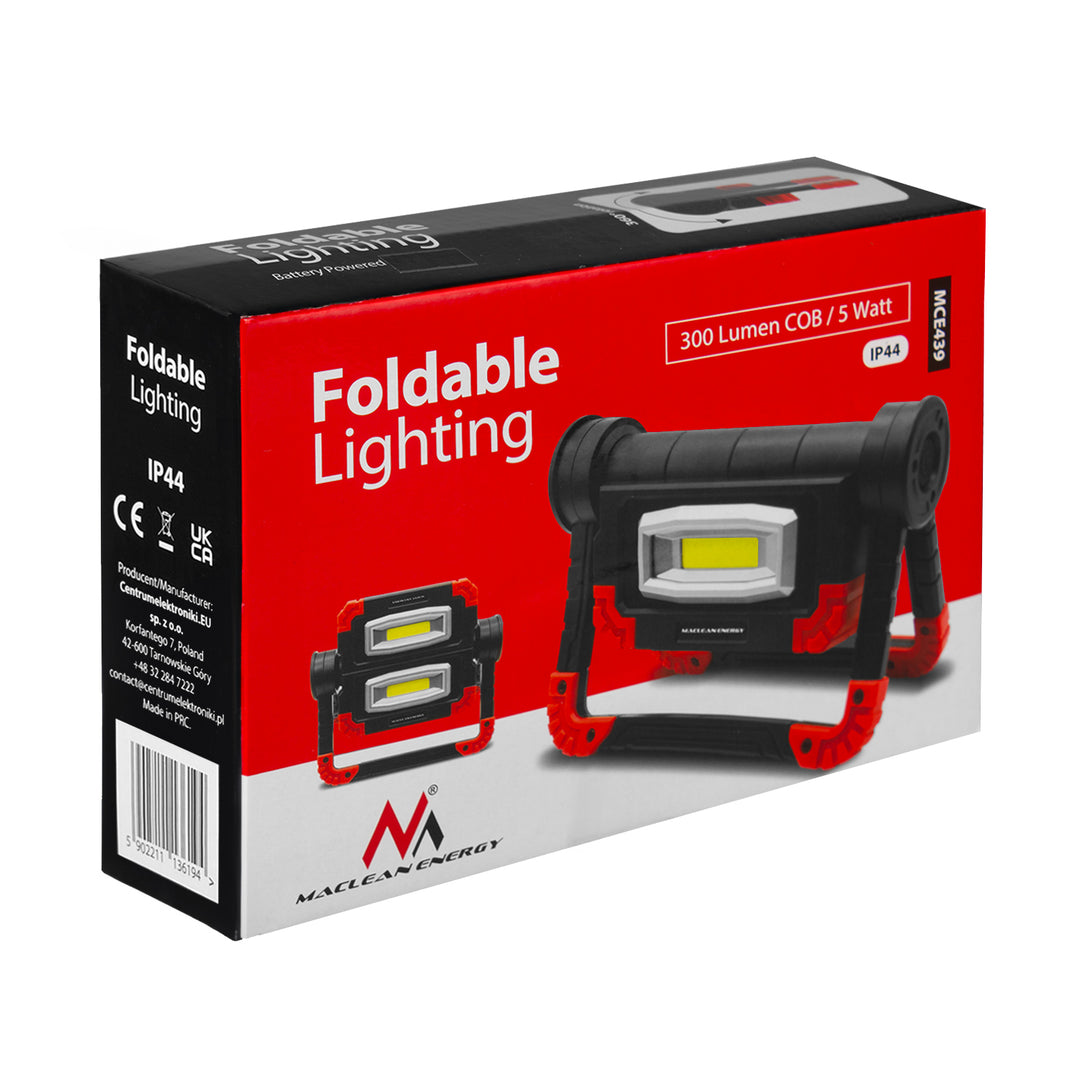 Pracovná lampa Maclean LED COB, 300 lm, 3 režimy svietenia, teplota farieb 6500K, MCE439 + 4x batérie Varta Industrial AA