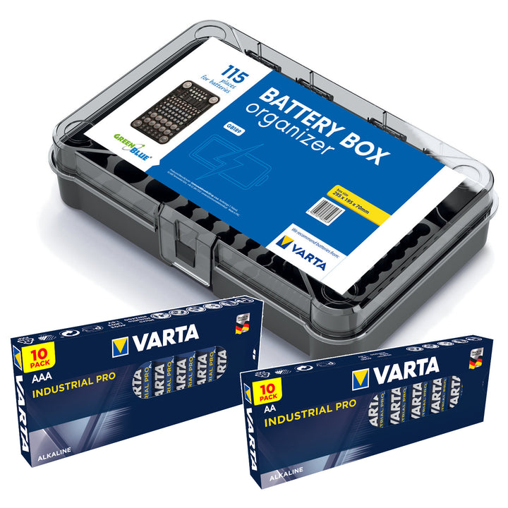 Organizér na batérie GreenBlue Varta Box GB189 + 10x batérie AA a 10x batérie AAA Varta Industrial