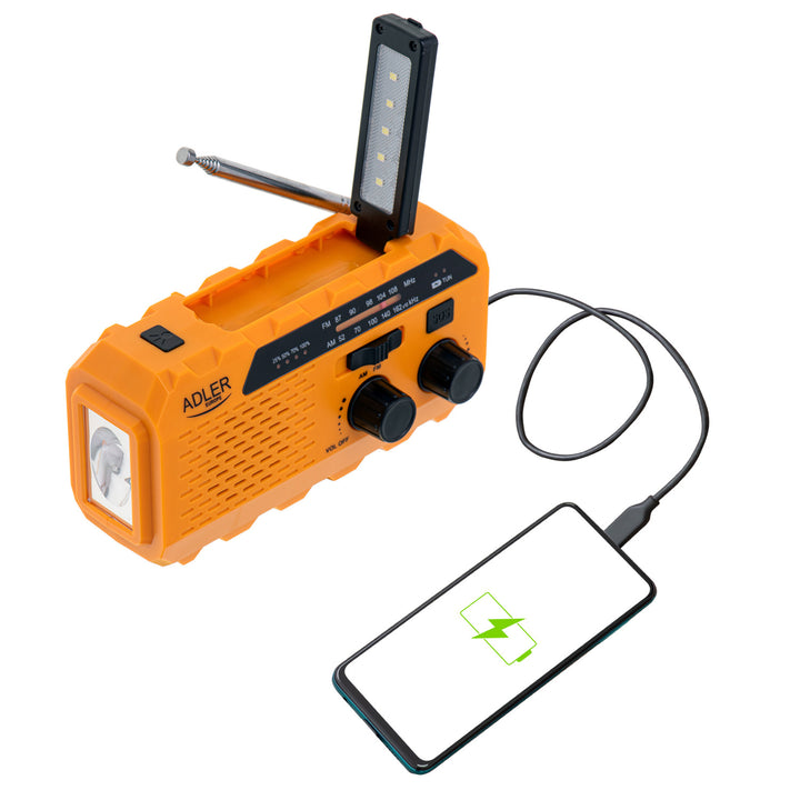 Solárne rádio Adler, dobíjateľná batéria 1200 mAh, baterka, ručná kľuka, AD 1197