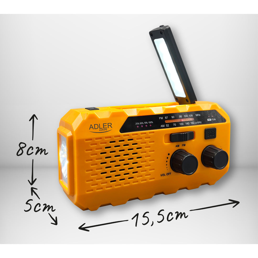 Solárne rádio Adler, dobíjateľná batéria 1200 mAh, baterka, ručná kľuka, AD 1197