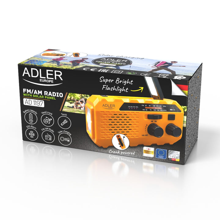 Solárne rádio Adler, dobíjateľná batéria 1200 mAh, baterka, ručná kľuka, AD 1197
