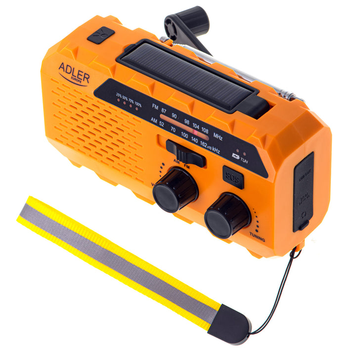 Solárne rádio Adler, dobíjateľná batéria 1200 mAh, baterka, ručná kľuka, AD 1197