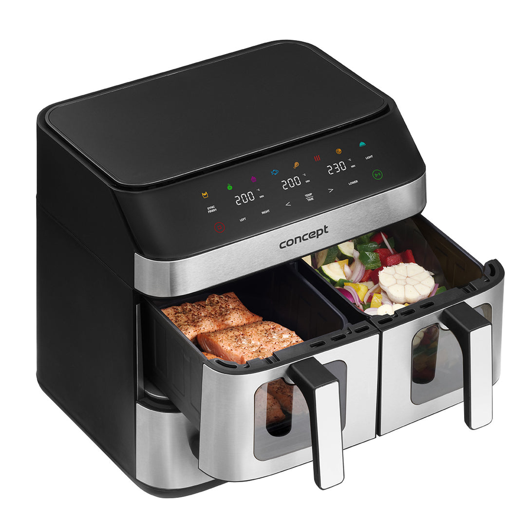 Fritéza Concept bez tuku, 3 samostatné zásuvky, synchronizované varenie, 8 prednastavených programov, FR9000