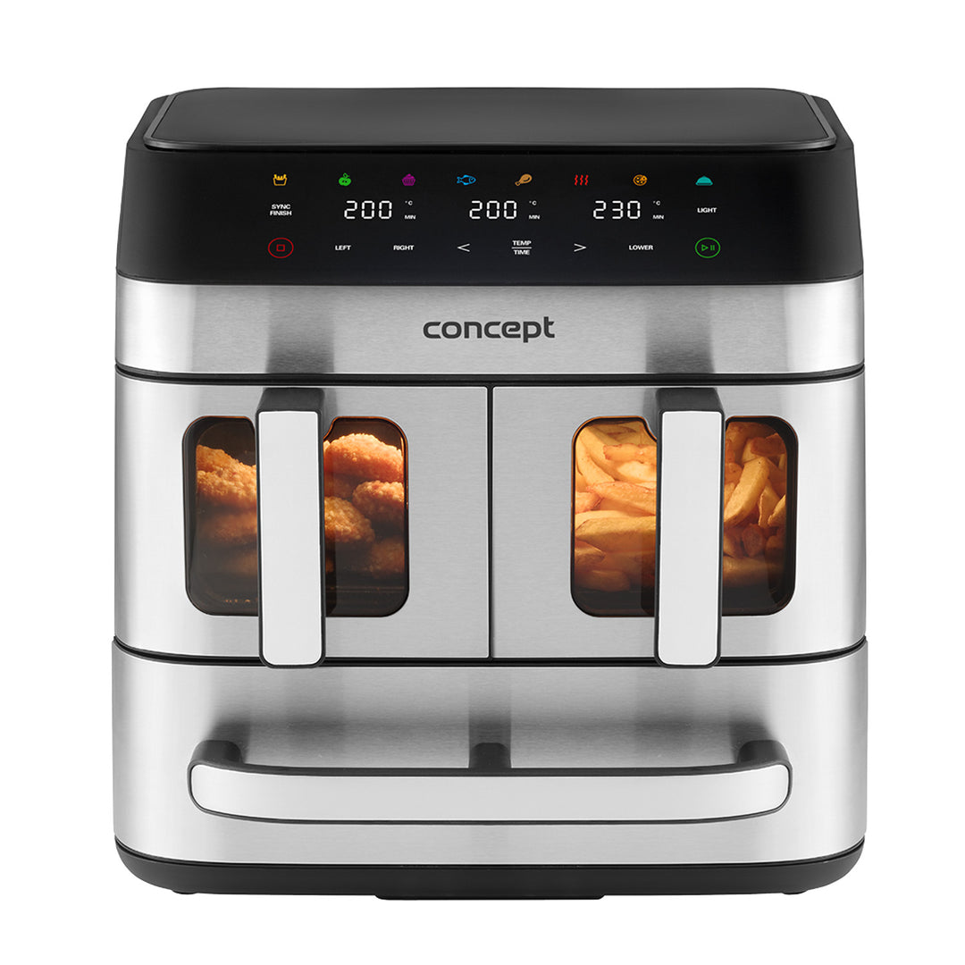 Fritéza Concept bez tuku, 3 samostatné zásuvky, synchronizované varenie, 8 prednastavených programov, FR9000