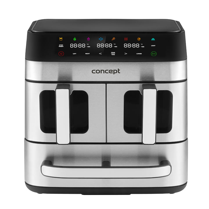 Fritéza Concept bez tuku, 3 samostatné zásuvky, synchronizované varenie, 8 prednastavených programov, FR9000