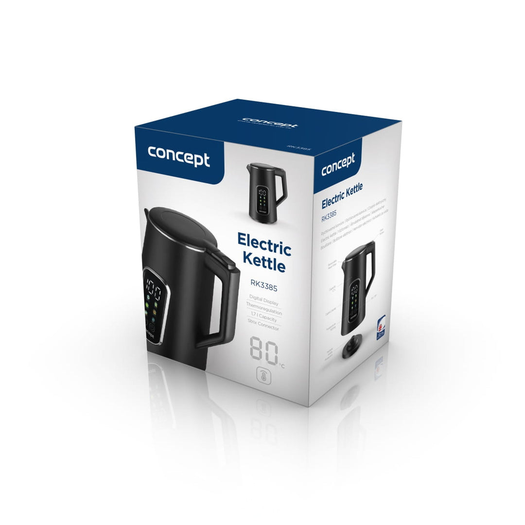 Rýchlovarná kanvica Concept, 1,7 l, regulácia teploty, LED displej, povrch Cool touch, ukazovateľ hladiny vody, RK3385