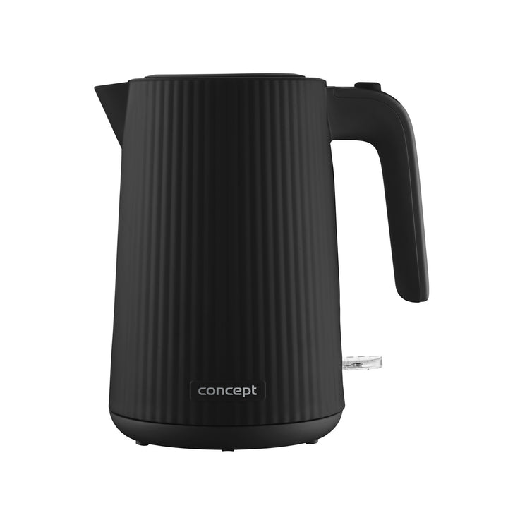 Plastová rýchlovarná kanvica Concept, 1,7 l, drážkovaný dizajn, trojitý bezpečnostný systém, sedimentačný filter, ukazovateľ hladiny vody, čierna, RK2391