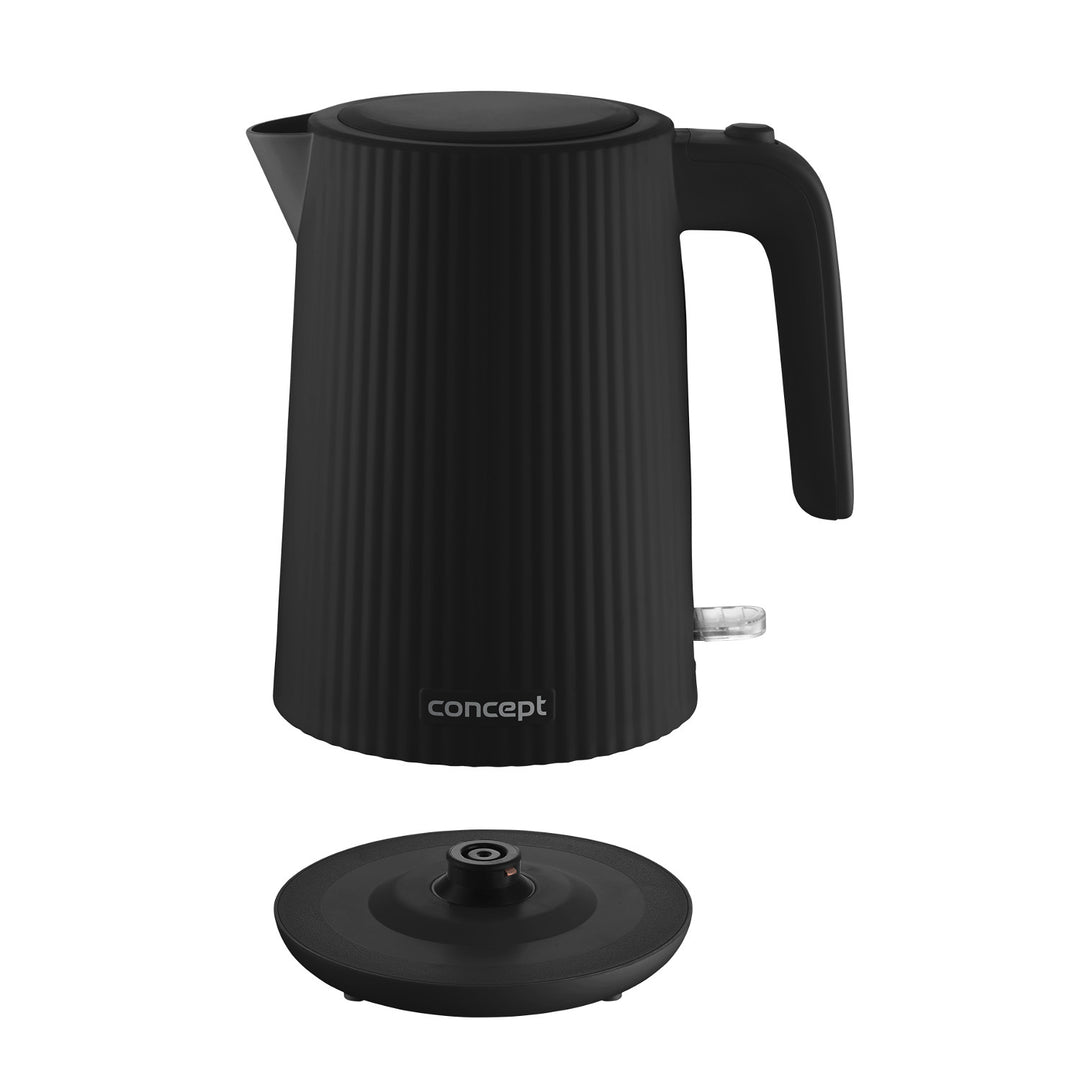 Plastová rýchlovarná kanvica Concept, 1,7 l, drážkovaný dizajn, trojitý bezpečnostný systém, sedimentačný filter, ukazovateľ hladiny vody, čierna, RK2391