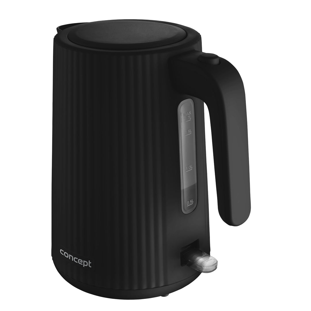 Plastová rýchlovarná kanvica Concept, 1,7 l, drážkovaný dizajn, trojitý bezpečnostný systém, sedimentačný filter, ukazovateľ hladiny vody, čierna, RK2391
