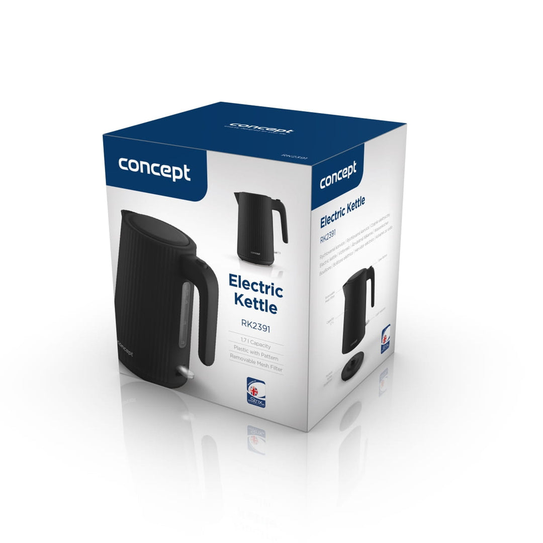 Plastová rýchlovarná kanvica Concept, 1,7 l, drážkovaný dizajn, trojitý bezpečnostný systém, sedimentačný filter, ukazovateľ hladiny vody, čierna, RK2391