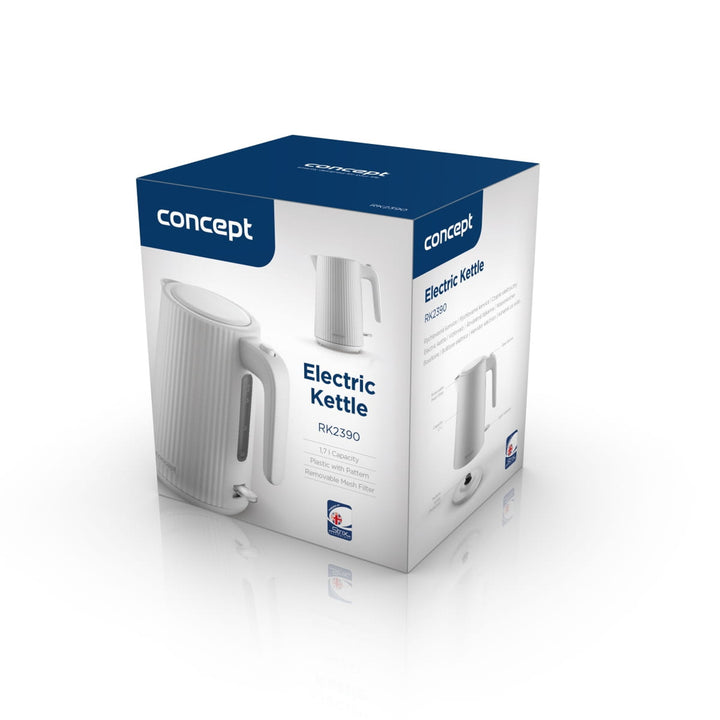 Plastová rýchlovarná kanvica Concept, 1,7 l, drážkovaný dizajn, trojitý bezpečnostný systém, sedimentačný filter, ukazovateľ hladiny vody, biela, RK2390
