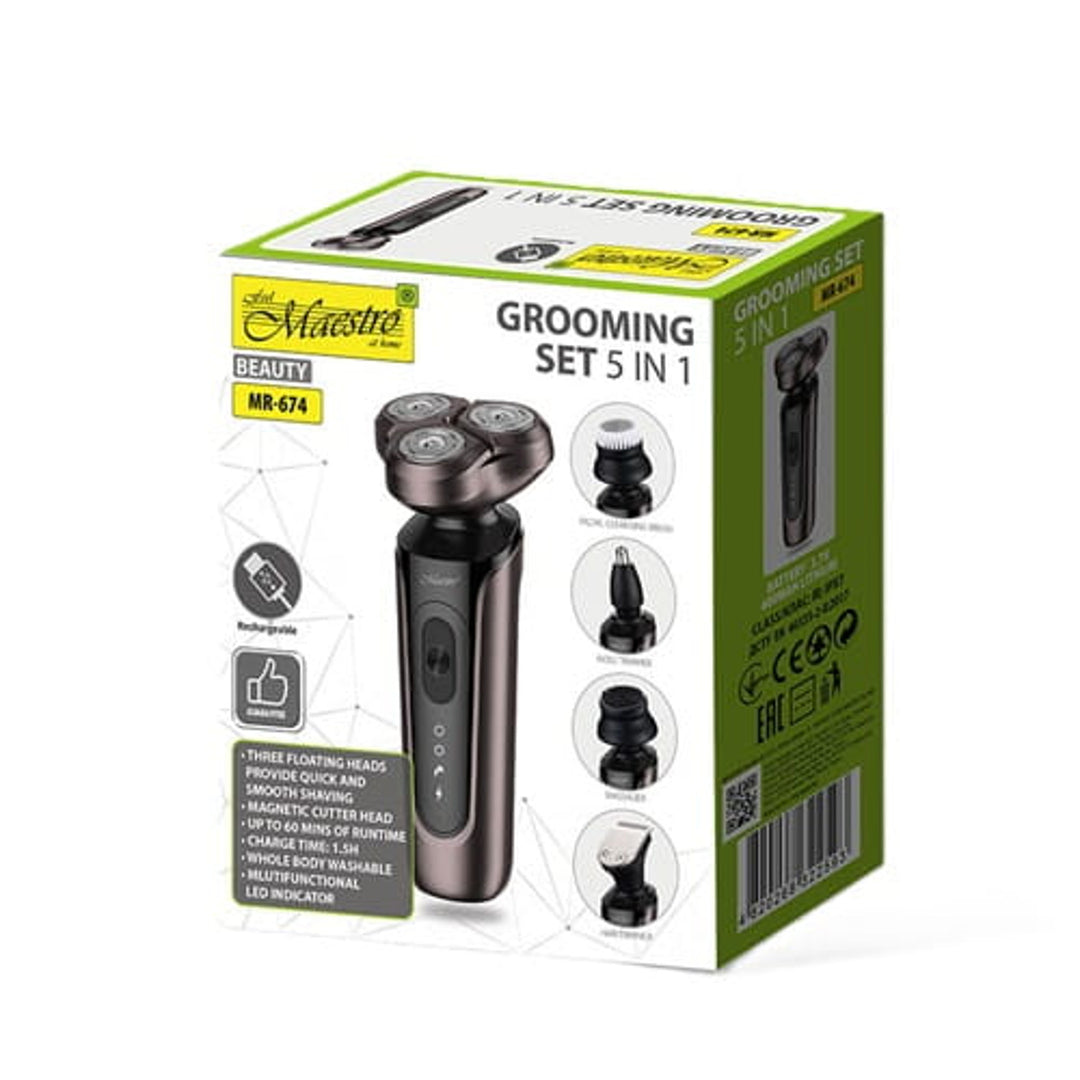 Holiaca súprava Maestro 5 v 1, holiaci strojček, zastrihávač nosa, kefka na čistenie tváre, masážny hrot, zastrihávač vlasov, vodotesné puzdro, doba prevádzky až 60 minút, MR-674