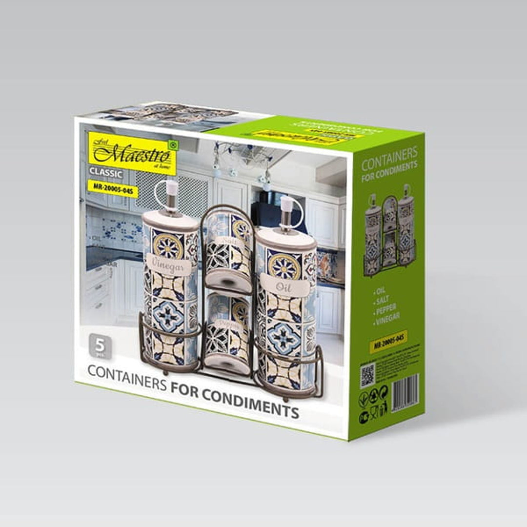 Dovolenka v Porte Keramická súprava korenia Maestro, 5 prvkov, objem 2x100 ml a 2x300 ml, s kovovým stojanom, MR-20005-04S