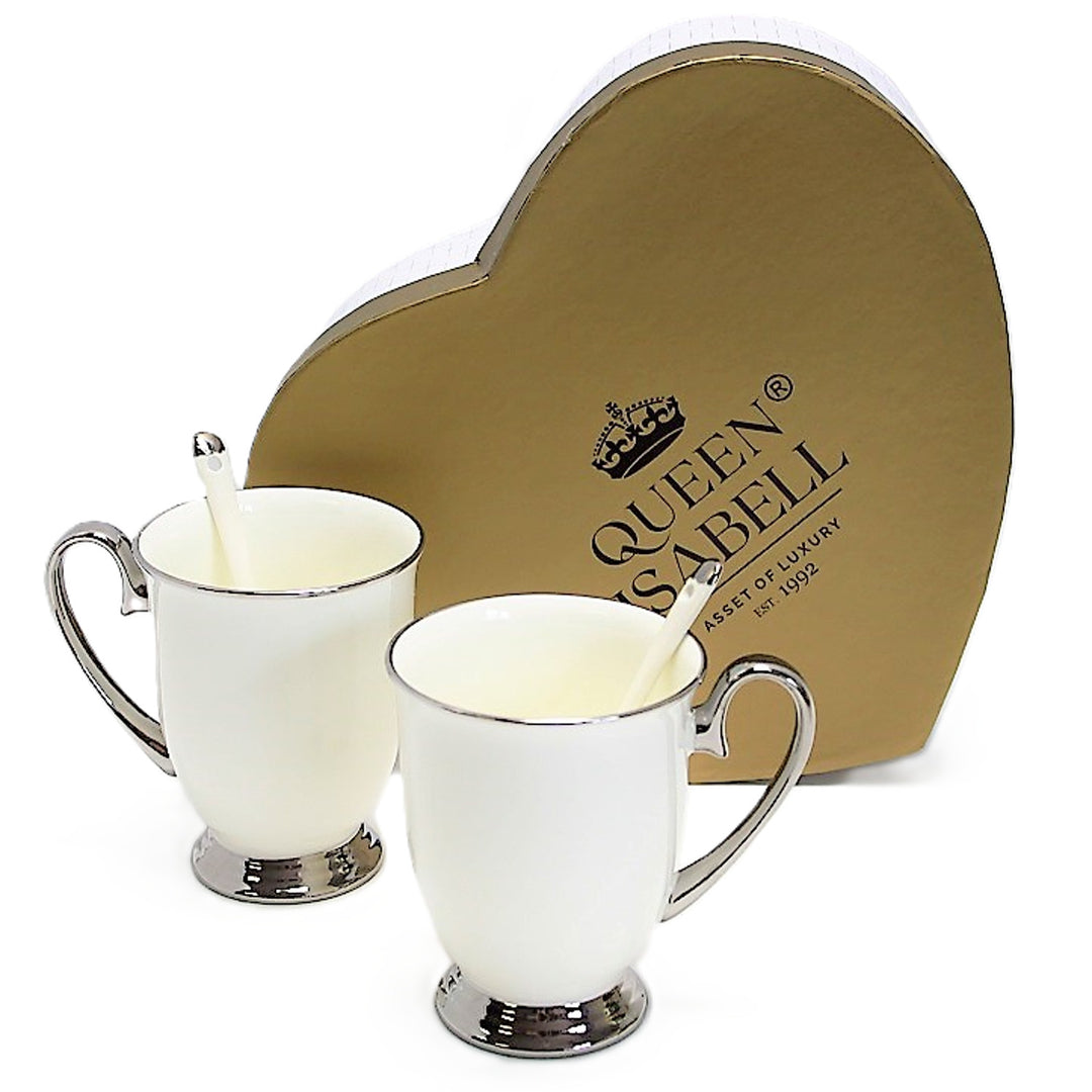 Biele hrnčeky 2ks Chrómové rúčky, čajové lyžičky, porcelán, Elegant, Queen Isabel