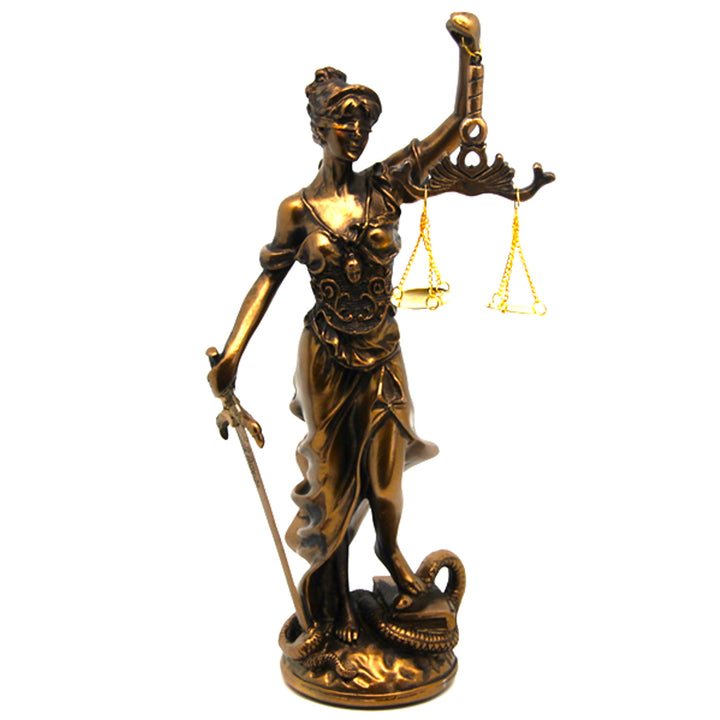 Figúrka Temidy s váhou a mečom, bronzová právnická plastika, kráľovná Isabel