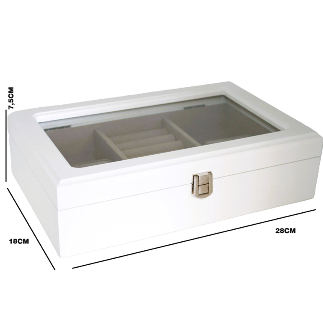 Šperkovnica, drevená, biela, organizér, priehradky, sklenené veko, Queen Isabel