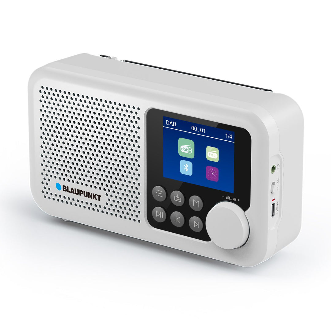 Prenosné rádio Blaupunkt, digitálne rádio DAB+ a FM tuner, Bluetooth, výstup na slúchadlá, 2,4" farebný displej, funkcie hodín a budíka, napájanie z batérie a dobíjanie cez USB-C, DR8WH