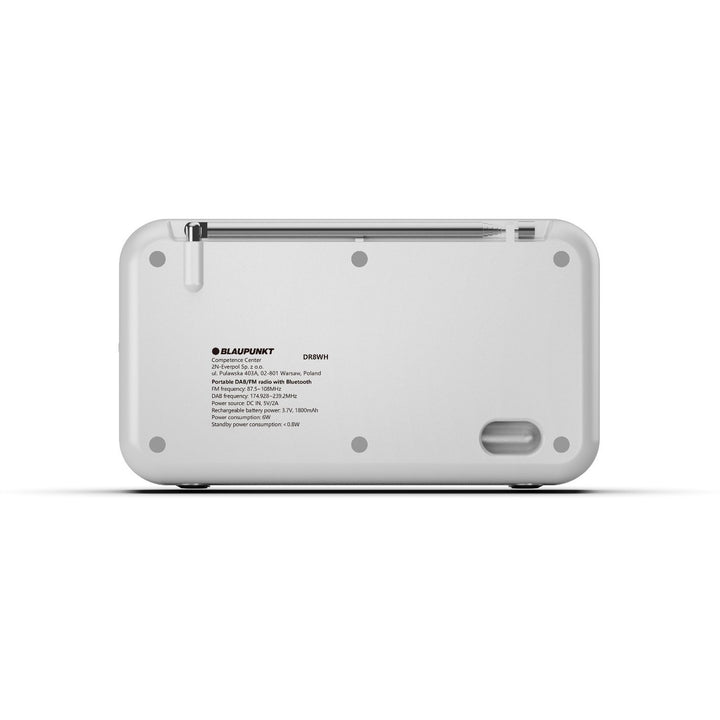Prenosné rádio Blaupunkt, digitálne rádio DAB+ a FM tuner, Bluetooth, výstup na slúchadlá, 2,4" farebný displej, funkcie hodín a budíka, napájanie z batérie a dobíjanie cez USB-C, DR8WH