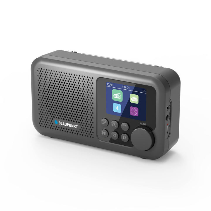Prenosné rádio Blaupunkt, digitálne rádio DAB+ a FM tuner, Bluetooth, výstup na slúchadlá, 2,4" farebný displej, funkcie hodín a budíka, napájanie z batérie a dobíjanie cez USB-C, DR8BK