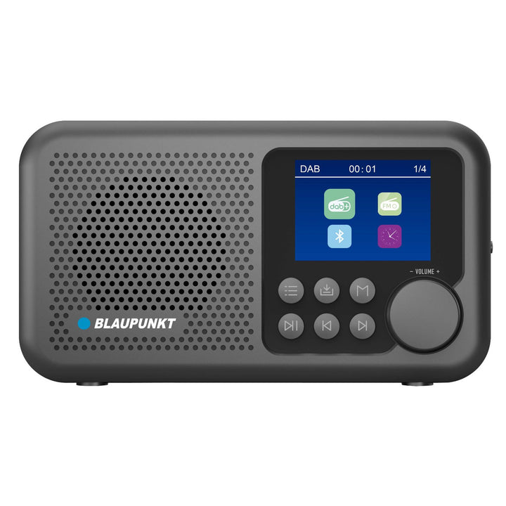 Prenosné rádio Blaupunkt, digitálne rádio DAB+ a FM tuner, Bluetooth, výstup na slúchadlá, 2,4" farebný displej, funkcie hodín a budíka, napájanie z batérie a dobíjanie cez USB-C, DR8BK