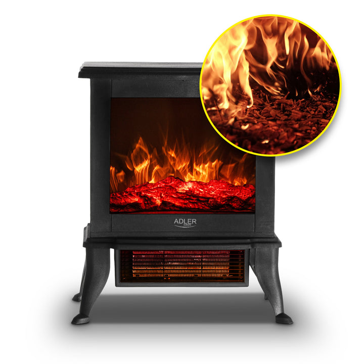 Elektrický krb Adler, 2 stupne ohrevu, max. výkon 1800 W, termostat, 3D efekt plameňa, AD 7754