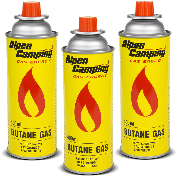 Plynová kartuša 400ml Alpen Camping. Certifikát: Pi 0875, vyhovuje EN417, izobután, prevádzkový rozsah -10°C až + 40°C, IK004, 3 ks.