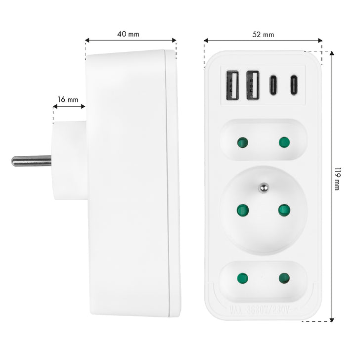 Prúdová zásuvka x3 + 4xUSB Maclean, 3-zásuvkový rozdeľovač, 2xUSB A, 2xUSB C PD 20W, 1x16A + 2x6A, MCE248 F/W, 2 ks