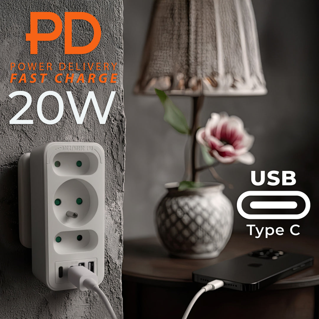 Prúdová zásuvka x3 + 4xUSB Maclean, 3-zásuvkový rozdeľovač, 2xUSB A, 2xUSB C PD 20W, 1x16A + 2x6A, MCE248 F/W, 2 ks