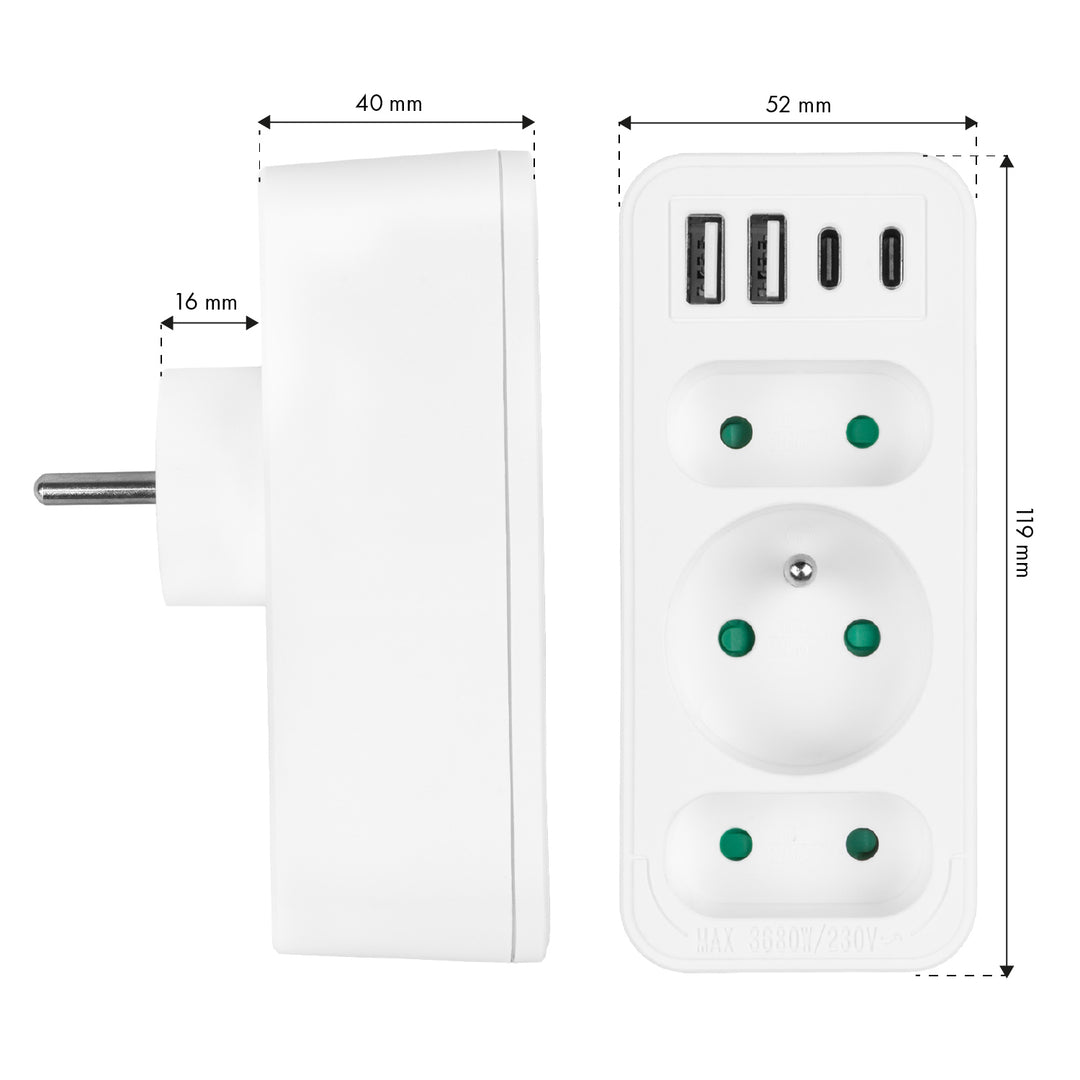 Prúdová zásuvka x3 + 4xUSB Maclean, 3-zásuvkový rozdeľovač, 2xUSB A, 2xUSB C PD 20W, 1x16A + 2x6A, MCE248 F/W, 3 ks