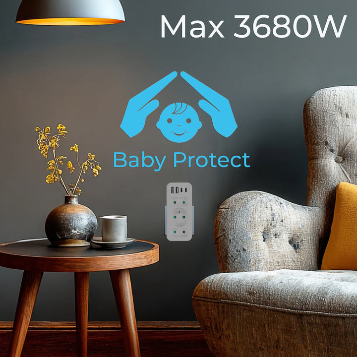 Prúdová zásuvka x3 + 4xUSB Maclean, 3-zásuvkový rozdeľovač, 2xUSB A, 2xUSB C PD 20W, 1x16A + 2x6A, MCE248 F/W, 3 ks