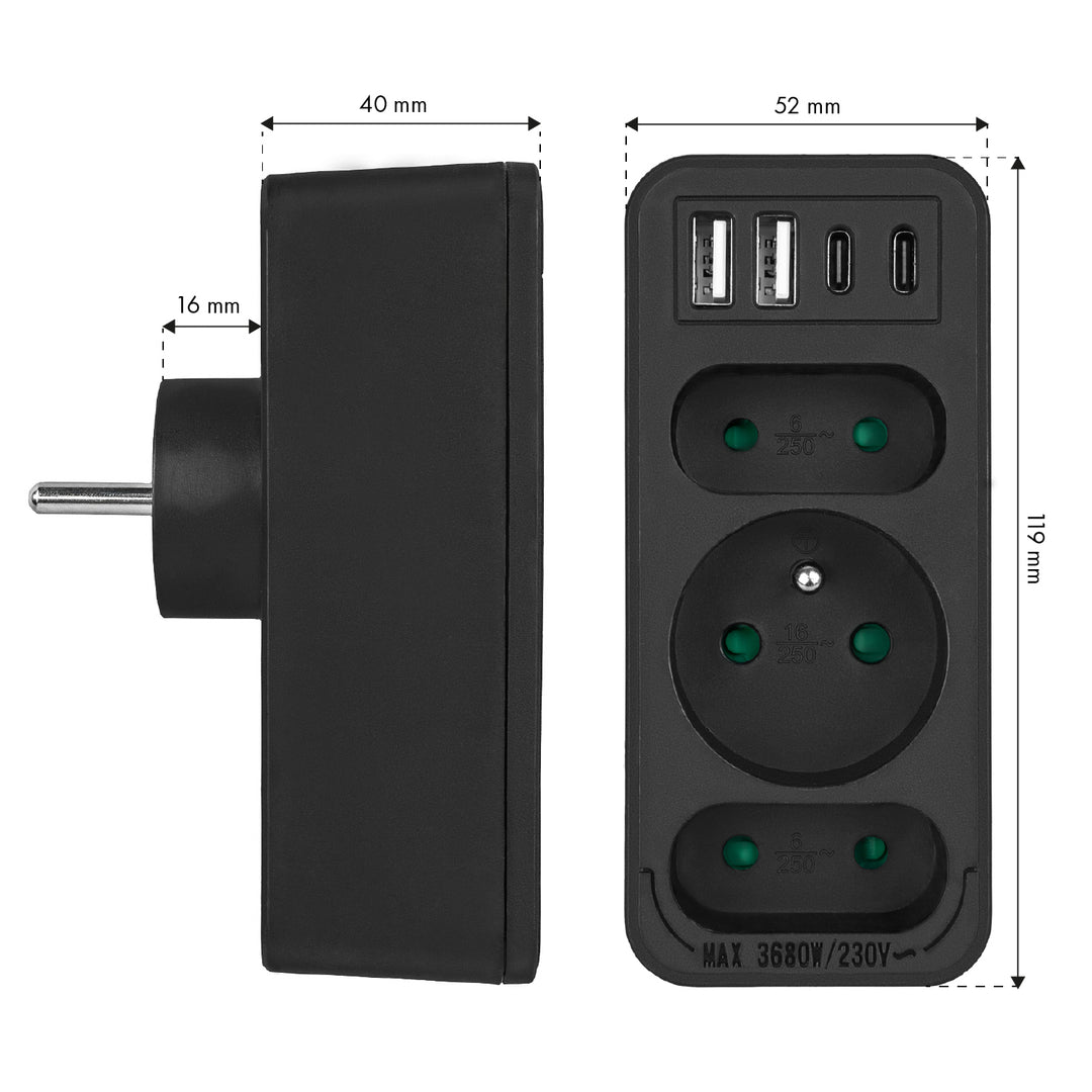 Prúdová zásuvka x3 + 4xUSB Maclean, 3-zásuvkový rozdeľovač, 2xUSB A, 2xUSB C PD 20W, 1x16A + 2x6A, MCE248 F/B, 3 ks