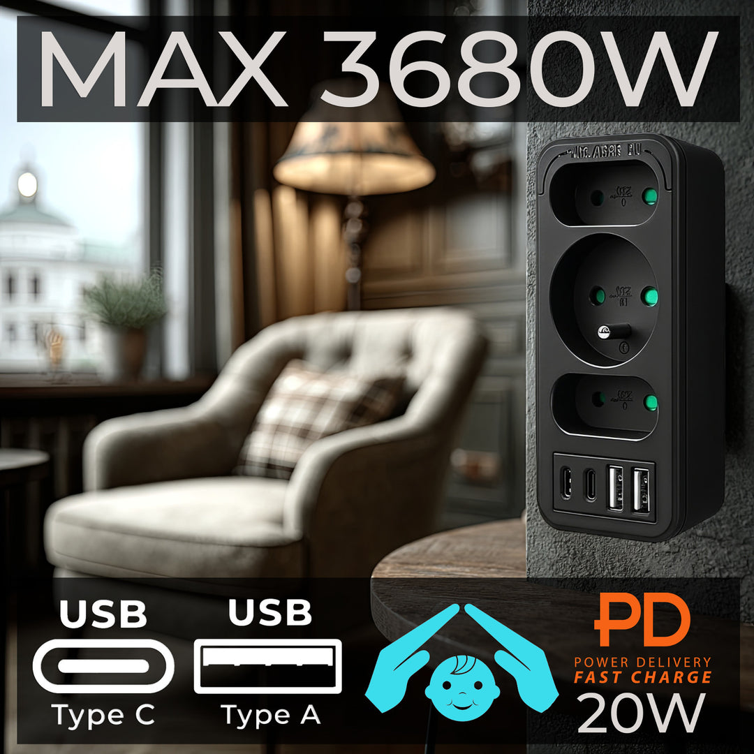 Prúdová zásuvka x3 + 4xUSB Maclean, 3-zásuvkový rozdeľovač, 2xUSB A, 2xUSB C PD 20W, 1x16A + 2x6A, MCE248 F/B, 3 ks