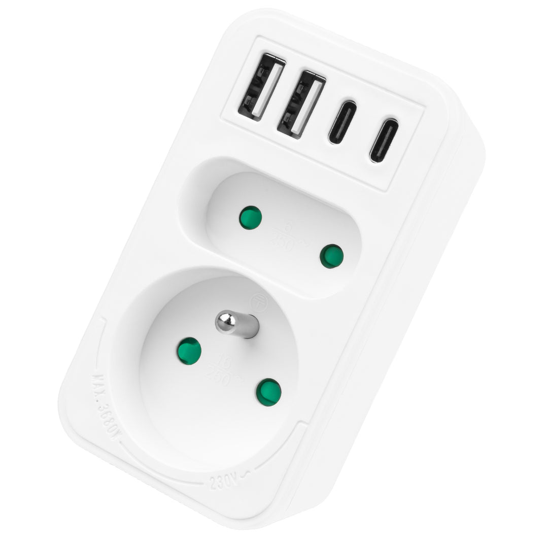 Prúdová zásuvka Maclean x2 + 4xUSB, rozdeľovač s 2 zásuvkami, 2xUSB A, 2xUSB C PD 20W, 1x16A + 1x6A, MCE249 F/W, 3 ks