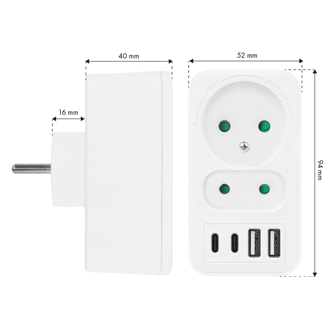 Prúdová zásuvka Maclean x2 + 4xUSB, rozdeľovač s 2 zásuvkami, 2xUSB A, 2xUSB C PD 20W, 1x16A + 1x6A, MCE249 F/W, 3 ks
