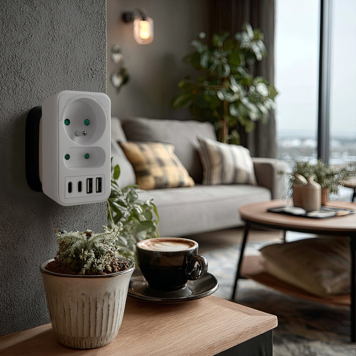 Prúdová zásuvka Maclean x2 + 4xUSB, rozdeľovač s 2 zásuvkami, 2xUSB A, 2xUSB C PD 20W, 1x16A + 1x6A, MCE249 F/W, 3 ks