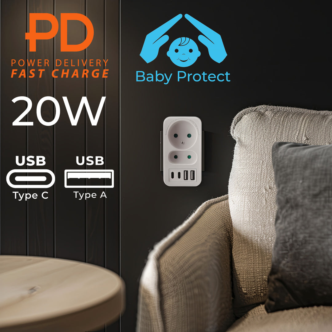 Prúdová zásuvka Maclean x2 + 4xUSB, rozdeľovač s 2 zásuvkami, 2xUSB A, 2xUSB C PD 20W, 1x16A + 1x6A, MCE249 F/W, 3 ks