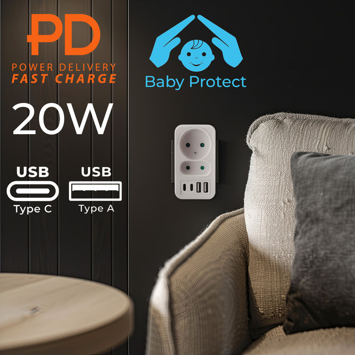 Prúdová zásuvka Maclean x2 + 4xUSB, rozdeľovač s 2 zásuvkami, 2xUSB A, 2xUSB C PD 20W, 1x16A + 1x6A, MCE249 F/W, 3 ks