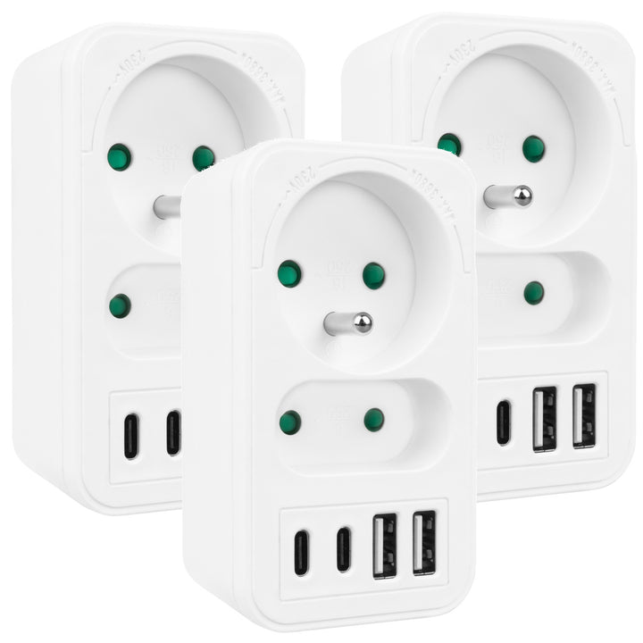 Prúdová zásuvka Maclean x2 + 4xUSB, rozdeľovač s 2 zásuvkami, 2xUSB A, 2xUSB C PD 20W, 1x16A + 1x6A, MCE249 F/W, 3 ks