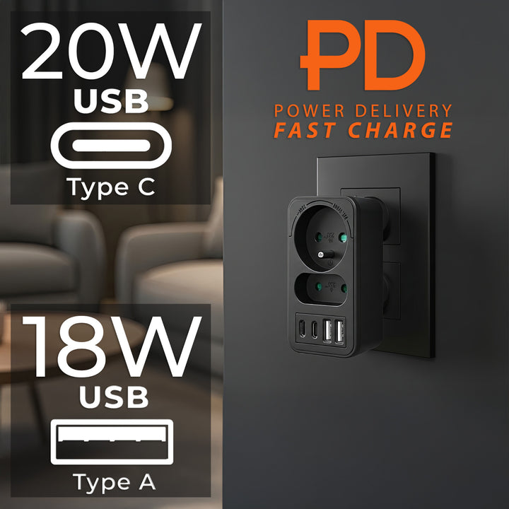 Prúdová zásuvka Maclean x2 + 4xUSB, rozdeľovač s 2 zásuvkami, 2xUSB A, 2xUSB C PD 20W, 1x16A + 1x6A, MCE249 F/B, 2 ks