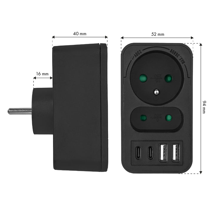 Prúdová zásuvka Maclean x2 + 4xUSB, rozdeľovač s 2 zásuvkami, 2xUSB A, 2xUSB C PD 20W, 1x16A + 1x6A, MCE249 F/B, 3 ks
