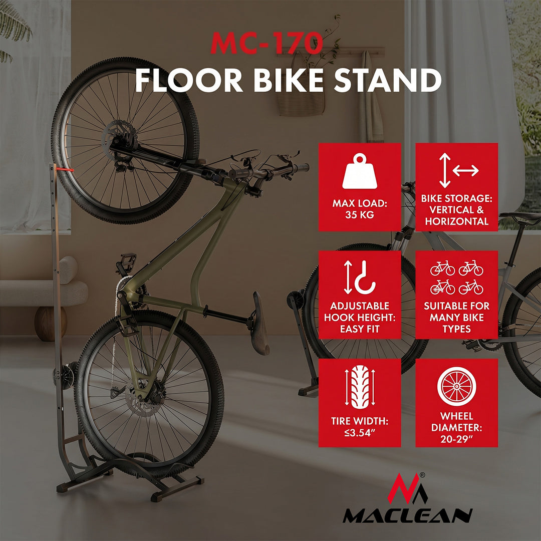 Podlahový stojan na bicykle Maclean, voľne stojací, horizontálny/vertikálny, na odkladanie, oceľ, maximálne zaťaženie 35 kg, MC-170
