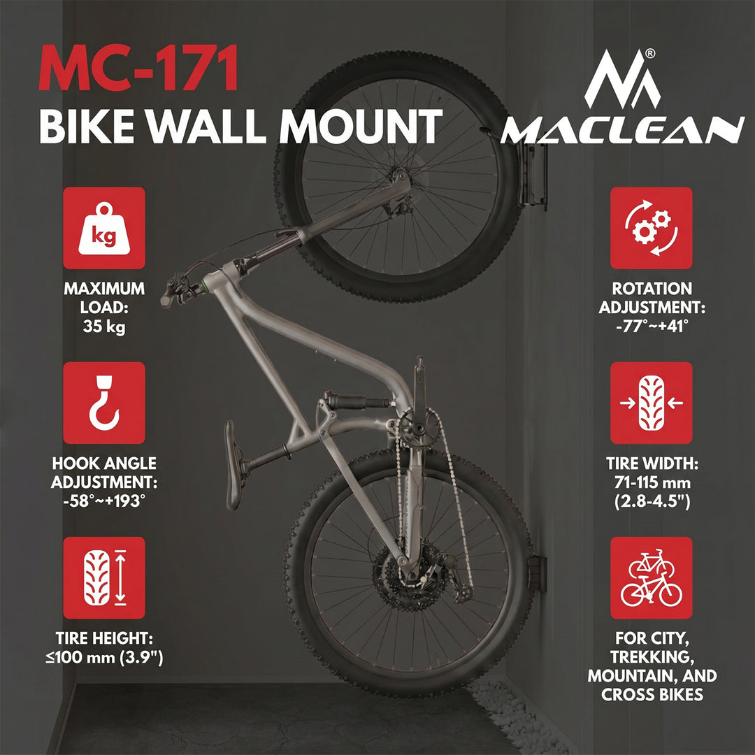 Nástenný držiak na bicykel Maclean, maximálne zaťaženie 35 kg, nastaviteľný uhol sklonu, oceľ, MC-171