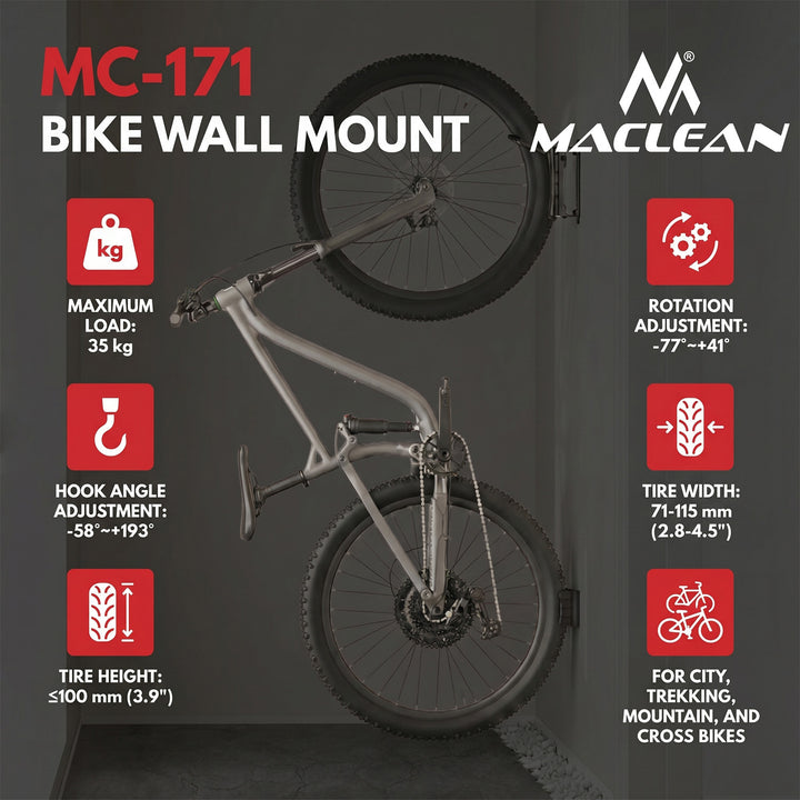 Nástenný držiak na bicykel Maclean, maximálne zaťaženie 35 kg, nastaviteľný uhol sklonu, oceľ, MC-171