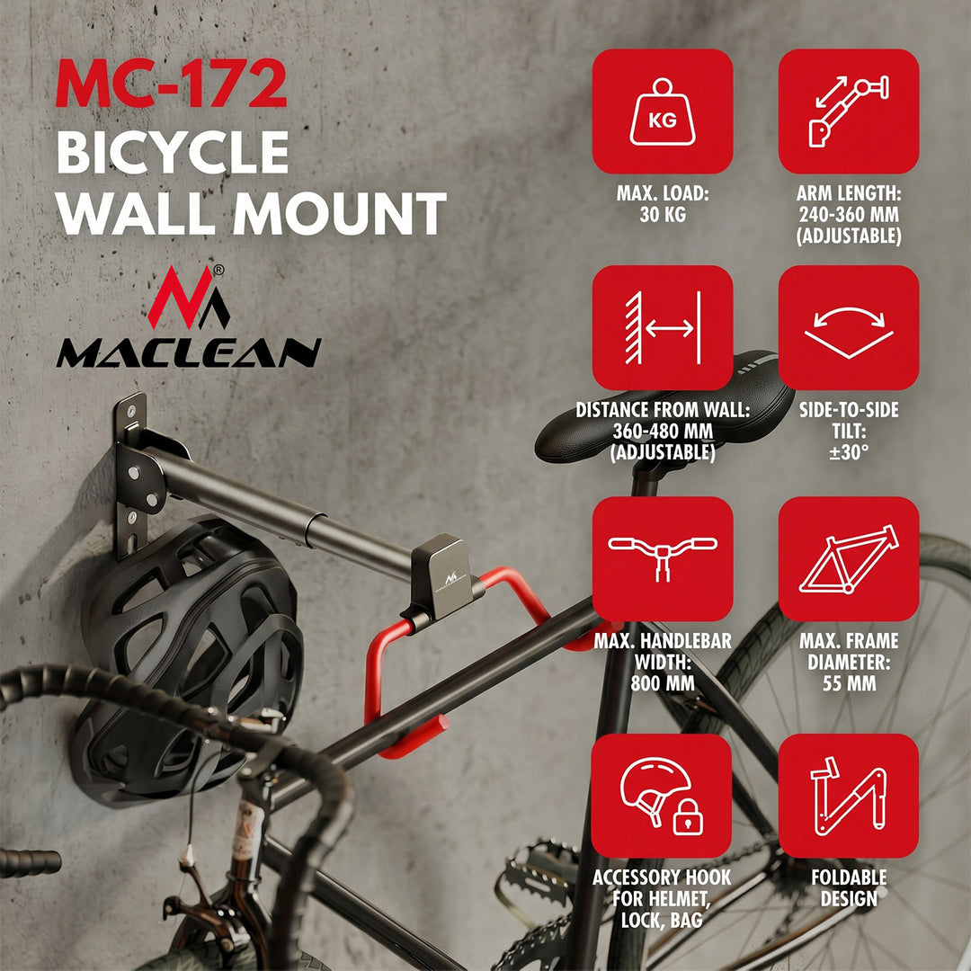 Nástenný držiak na bicykle Maclean, horizontálny, oceľ, max. zaťaženie 30 kg, nastaviteľný uhol, MC-172